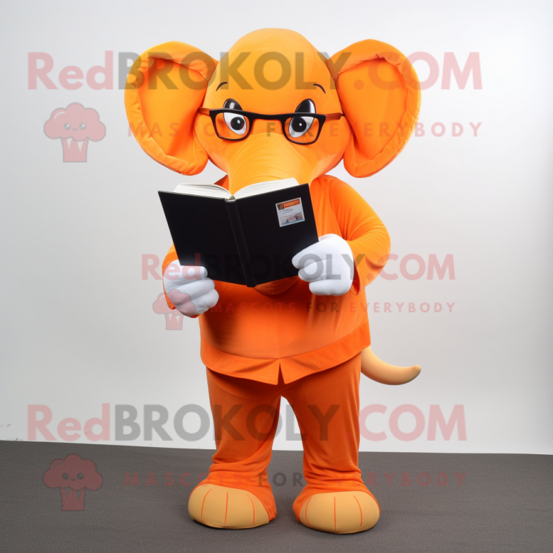 Orange Elephant mascot costume character dressed with a Dress Pants and Reading glasses