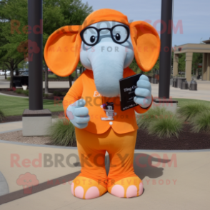 Orange Elephant mascot costume character dressed with a Dress Pants and Reading glasses