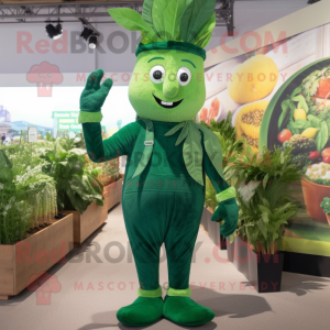 Forest Green Spinach mascot costume character dressed with a Dungarees and Anklets