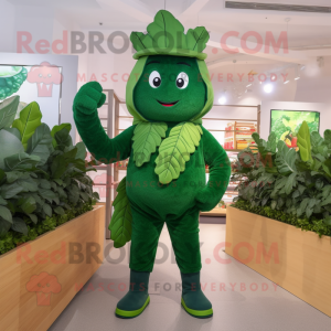 Forest Green Spinach mascot costume character dressed with a Dungarees and Anklets