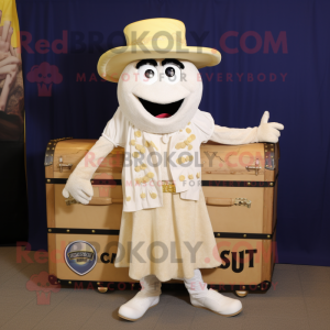 Cream Treasure Chest mascot costume character dressed with a Culottes and Shoe clips