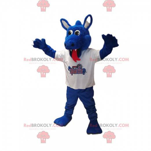 Blue dragon mascot in white jersey. Dragon costume -
