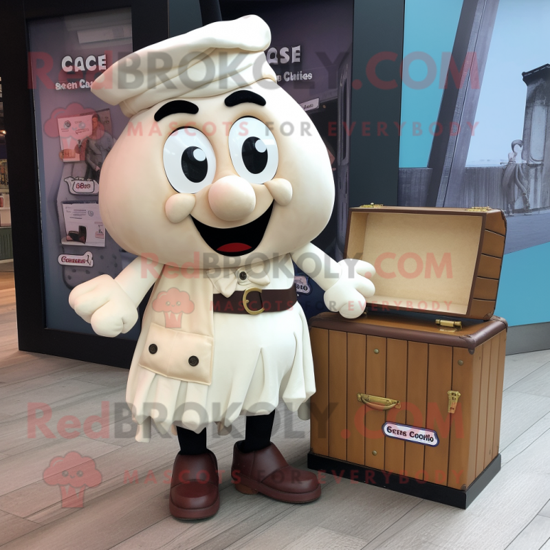 Cream Treasure Chest mascot costume character dressed with a Culottes and Shoe clips Cream Treasure Chest mascot costume character dressed with a Culottes and Shoe clips