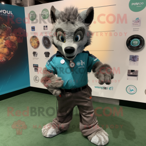 Teal Hyena mascot costume character dressed with a Cargo Pants and Smartwatches