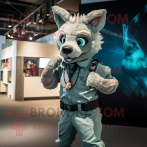 Teal Hyena mascot costume character dressed with a Cargo Pants and Smartwatches