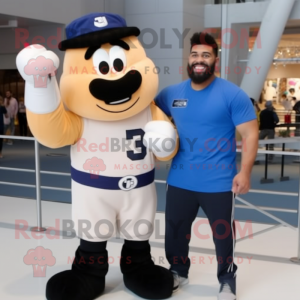 Navy Boxing Glove mascot costume character dressed with a Overalls and Watches