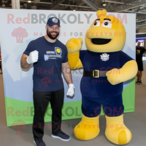 Navy Boxing Glove mascot costume character dressed with a Overalls and Watches