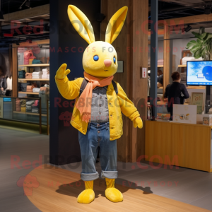 Yellow Rabbit mascot costume character dressed with a Boyfriend Jeans and Shawl pins