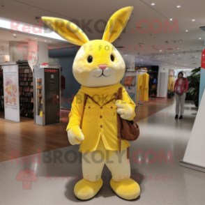 Yellow Rabbit mascot costume character dressed with a Boyfriend Jeans and Shawl pins