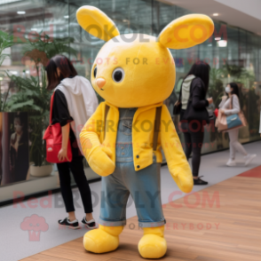 Yellow Rabbit mascot costume character dressed with a Boyfriend Jeans and Shawl pins