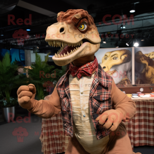 Brown Utahraptor mascot costume character dressed with a Flannel Shirt and Coin purses