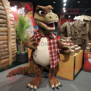 Brown Utahraptor mascot costume character dressed with a Flannel Shirt and Coin purses