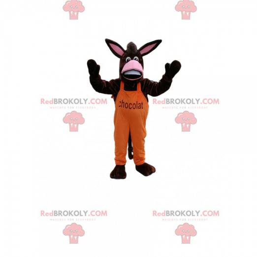 Donkey mascot in orange overalls. Donkey costume -