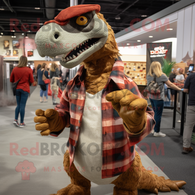 Brown Utahraptor mascot costume character dressed with a Flannel Shirt and Coin purses