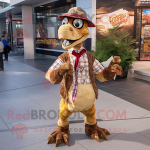 Brown Utahraptor mascot costume character dressed with a Flannel Shirt and Coin purses