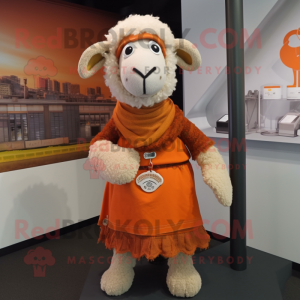 Rust Sheep mascot costume character dressed with a A-Line Dress and Shawl pins