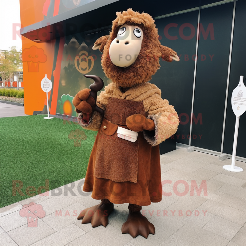 Rust Sheep mascot costume character dressed with a A-Line Dress and Shawl pins Rust Sheep mascot costume character dressed with a A-Line Dress and Shawl pins