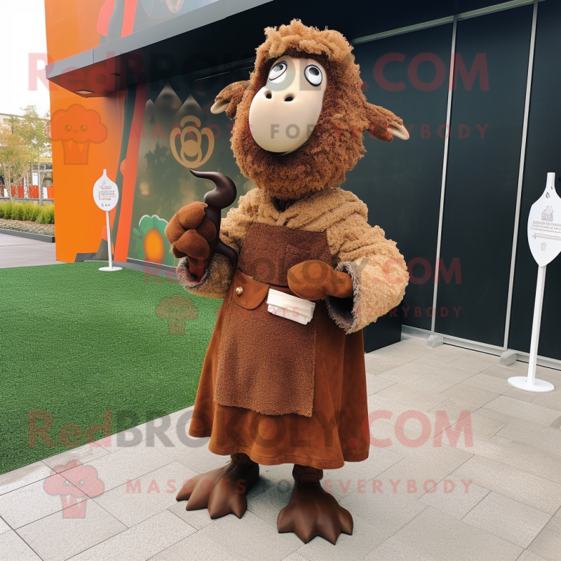 Rust Sheep mascot costume character dressed with a A-Line Dress and Shawl pins