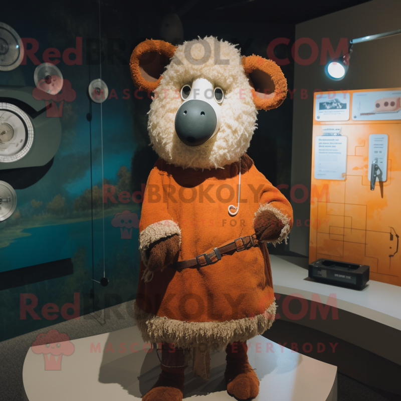 Rust Sheep mascot costume character dressed with a A-Line Dress and Shawl pins