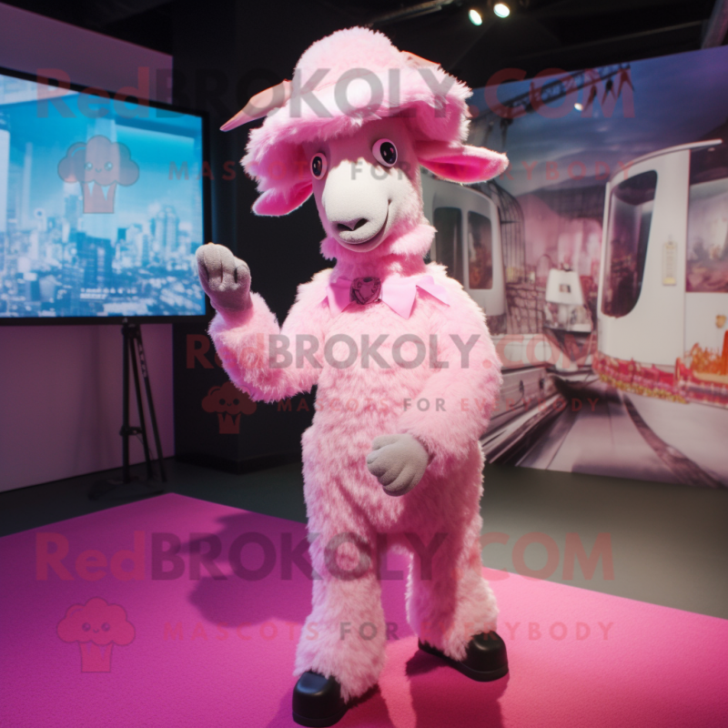 Pink Angora Goat mascot costume character dressed with a Bodysuit and Hat pins Pink Angora Goat mascot costume character dressed with a Bodysuit and Hat pins