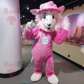 Pink Angora Goat mascot costume character dressed with a Bodysuit and Hat pins