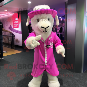 Pink Angora Goat mascot costume character dressed with a Bodysuit and Hat pins