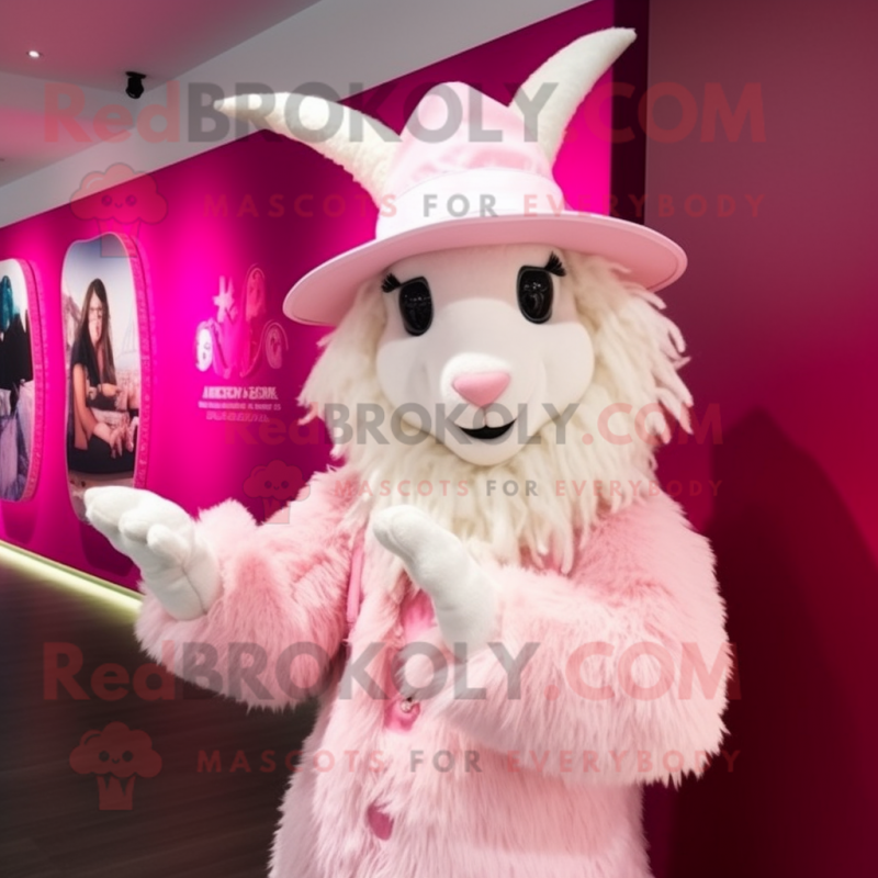 Pink Angora Goat mascot costume character dressed with a Bodysuit and Hat pins