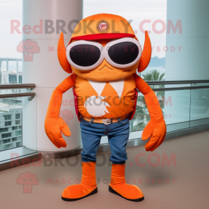 Orange Crab Cakes mascot costume character dressed with a Flare Jeans and Sunglasses