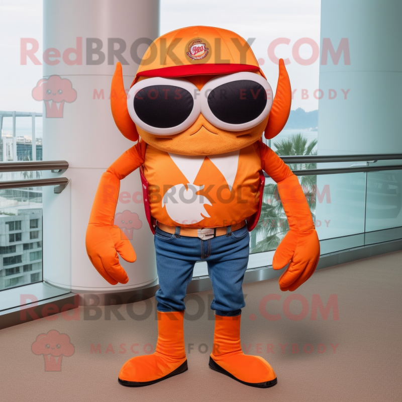 Orange Crab Cakes mascot costume character dressed with a Flare Jeans and Sunglasses Orange Crab Cakes mascot costume character dressed with a Flare Jeans and Sunglasses