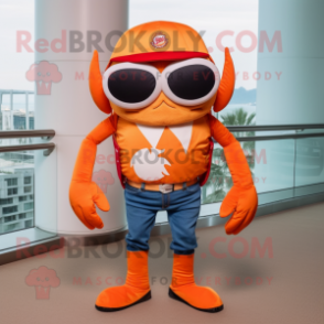 Orange Crab Cakes mascot costume character dressed with a Flare Jeans and Sunglasses