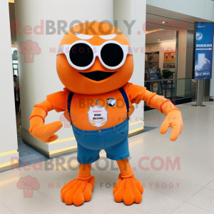 Orange Crab Cakes mascot costume character dressed with a Flare Jeans and Sunglasses