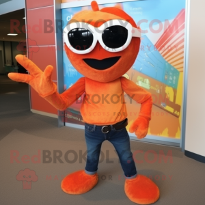 Orange Crab Cakes mascot costume character dressed with a Flare Jeans and Sunglasses