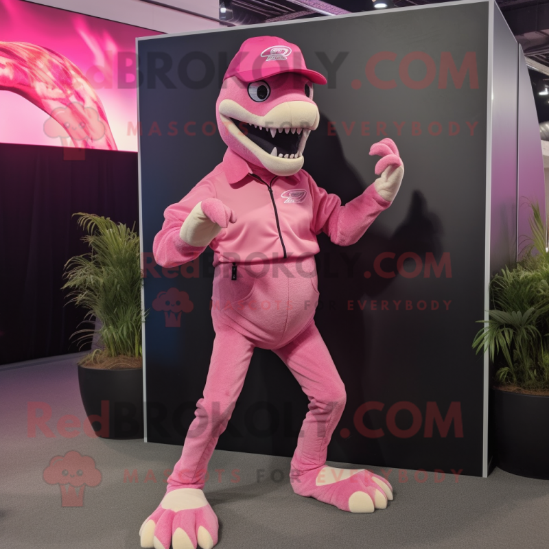 Pink Velociraptor mascot costume character dressed with a Bodysuit and Caps