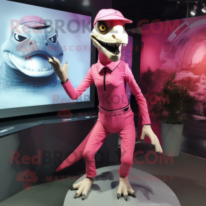 Pink Velociraptor mascot costume character dressed with a Bodysuit and Caps