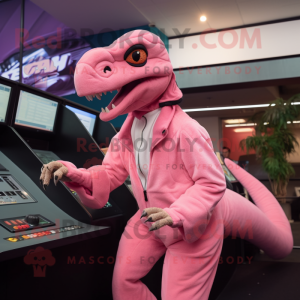 Pink Velociraptor mascot costume character dressed with a Bodysuit and Caps