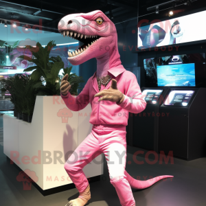 Pink Velociraptor mascot costume character dressed with a Bodysuit and Caps