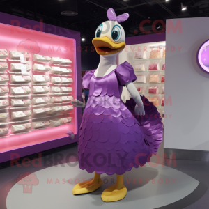 Purple Swan mascot costume character dressed with a Wrap Dress and Coin purses