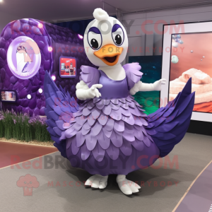 Purple Swan mascot costume character dressed with a Wrap Dress and Coin purses