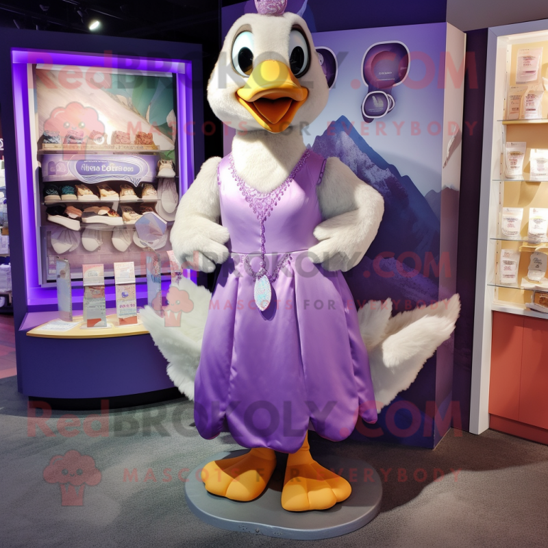 Purple Swan mascot costume character dressed with a Wrap Dress and Coin purses Purple Swan mascot costume character dressed with a Wrap Dress and Coin purses