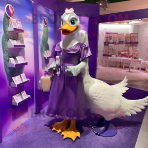 Purple Swan mascot costume character dressed with a Wrap Dress and Coin purses