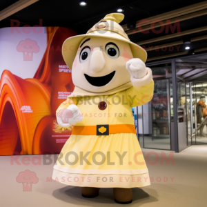 Cream Fire Fighter mascot costume character dressed with a Pleated Skirt and Scarves