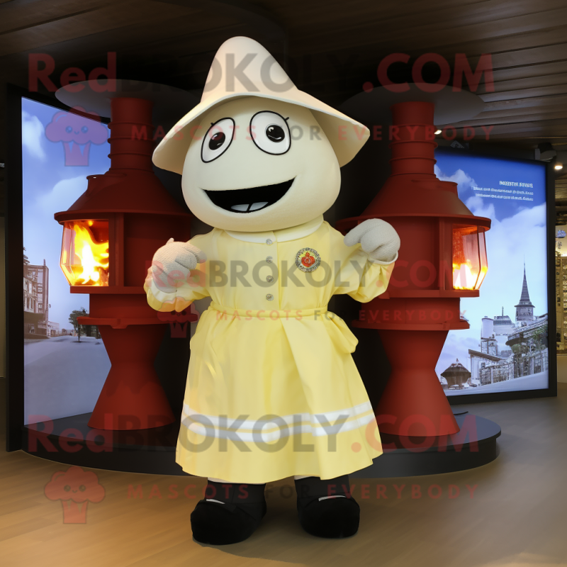 Cream Fire Fighter mascot costume character dressed with a Pleated Skirt and Scarves Cream Fire Fighter mascot costume character dressed with a Pleated Skirt and Scarves
