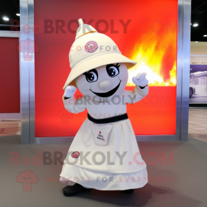 Cream Fire Fighter mascot costume character dressed with a Pleated Skirt and Scarves