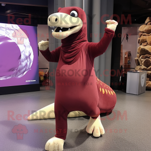 Maroon Brachiosaurus mascot costume character dressed with a Leggings and Wraps