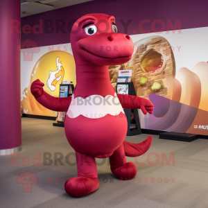 Maroon Brachiosaurus mascot costume character dressed with a Leggings and Wraps