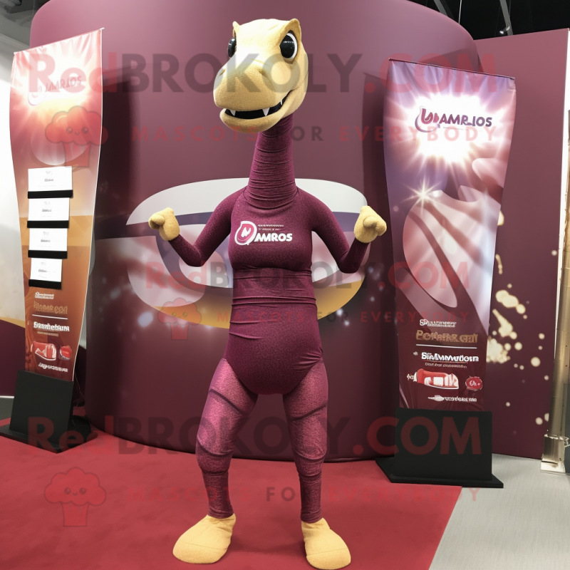 Maroon Brachiosaurus mascot costume character dressed with a Leggings and Wraps Maroon Brachiosaurus mascot costume character dressed with a Leggings and Wraps