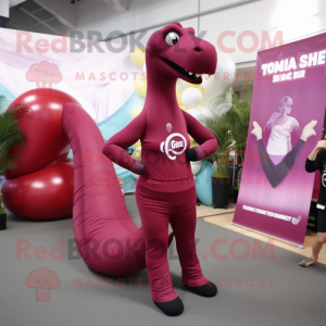 Maroon Brachiosaurus mascot costume character dressed with a Leggings and Wraps