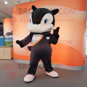 Peach Killer Whale mascot costume character dressed with a Jumpsuit and Shoe laces