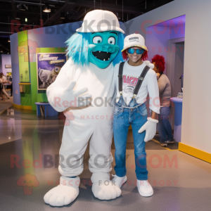 White Frankenstein'S Monster mascot costume character dressed with a Boyfriend Jeans and Beanies