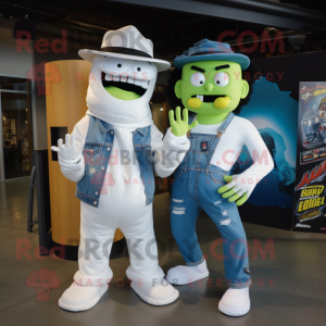 White Frankenstein'S Monster mascot costume character dressed with a Boyfriend Jeans and Beanies